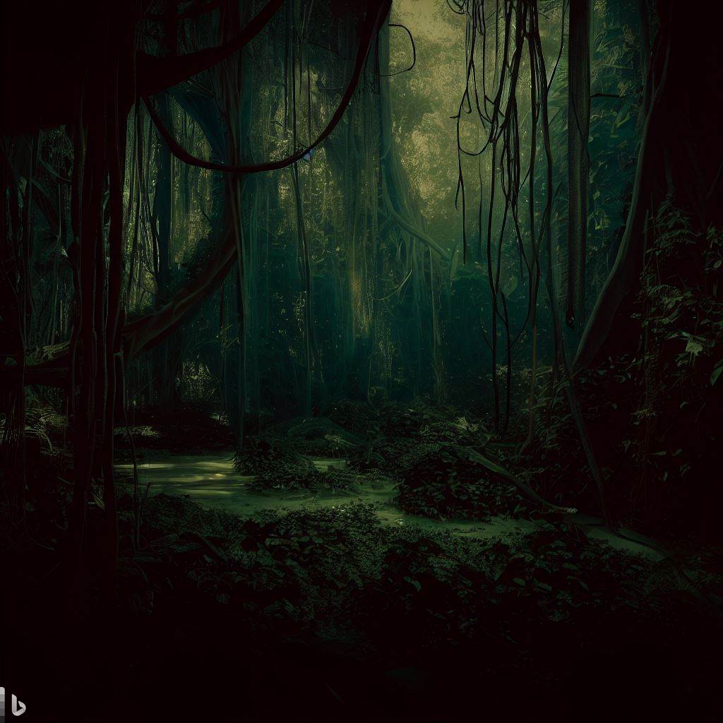 Interior de la selva con vegetación densa, lianas y pantanos. Estilo Oscuro y misterioso, con sombras y tonos verdes profundos, dando sensación de intriga.